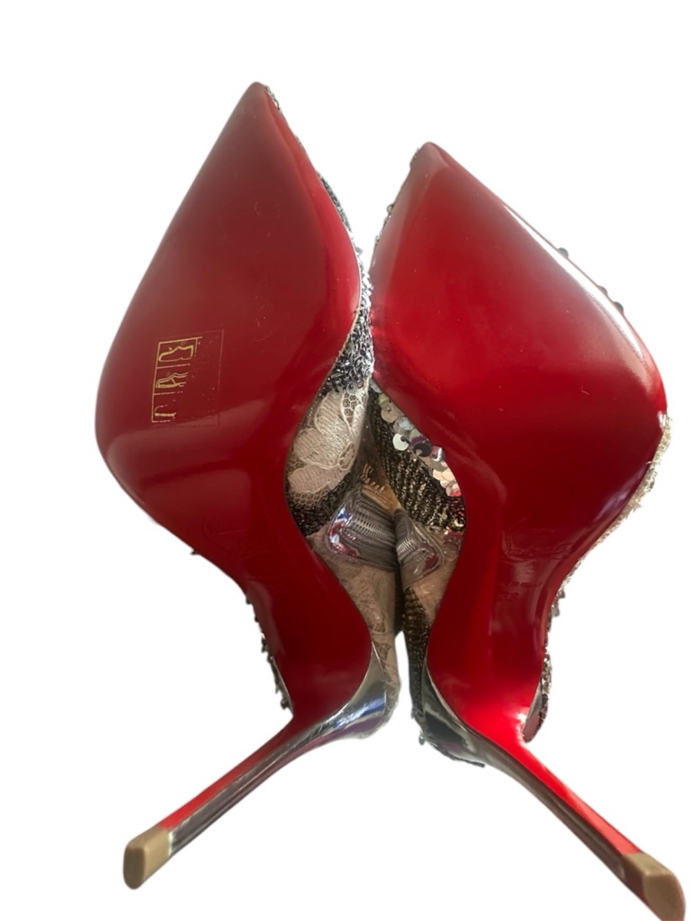 Christian Louboutin Sequined Lace Ankle Boot in Beige and Silver sz. 36 - Picture 4 of 11